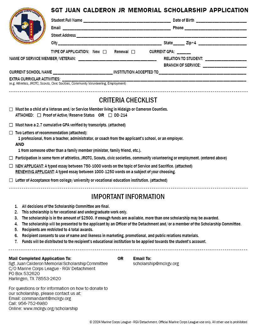 Sgt Juan Calderon Jr Memorial Scholarship Application